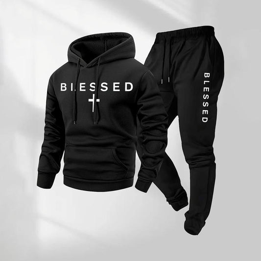 Men's Blessed Cross Letter Pattern Hoodie and Drawstring Sweatpants Set - Casual Athletic Long Sleeve Jacket and Trousers for Fall and Winter, Versatile Sportswear for Daily Wear, Indoor and Outdoor Activities, Tracksuit and Athleisure Collection