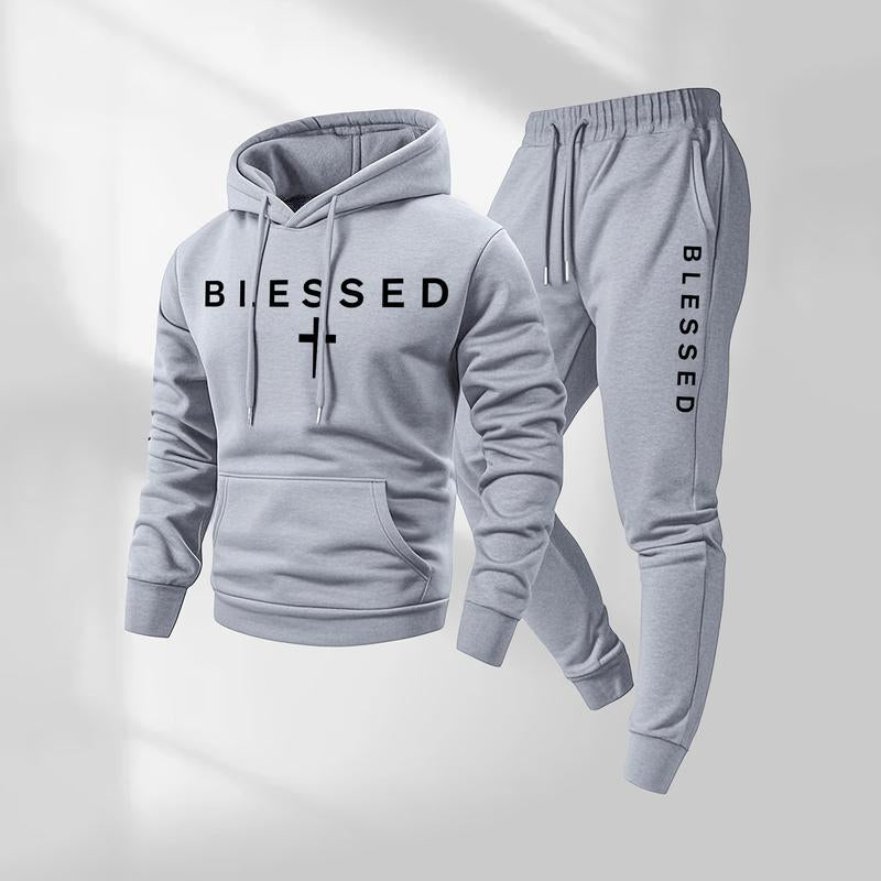 Men's Blessed Cross Letter Pattern Hoodie and Drawstring Sweatpants Set - Casual Athletic Long Sleeve Jacket and Trousers for Fall and Winter, Versatile Sportswear for Daily Wear, Indoor and Outdoor Activities, Tracksuit and Athleisure Collection