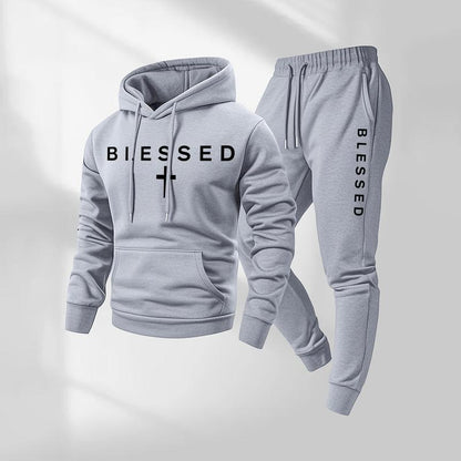 Men's Blessed Cross Letter Pattern Hoodie and Drawstring Sweatpants Set - Casual Athletic Long Sleeve Jacket and Trousers for Fall and Winter, Versatile Sportswear for Daily Wear, Indoor and Outdoor Activities, Tracksuit and Athleisure Collection
