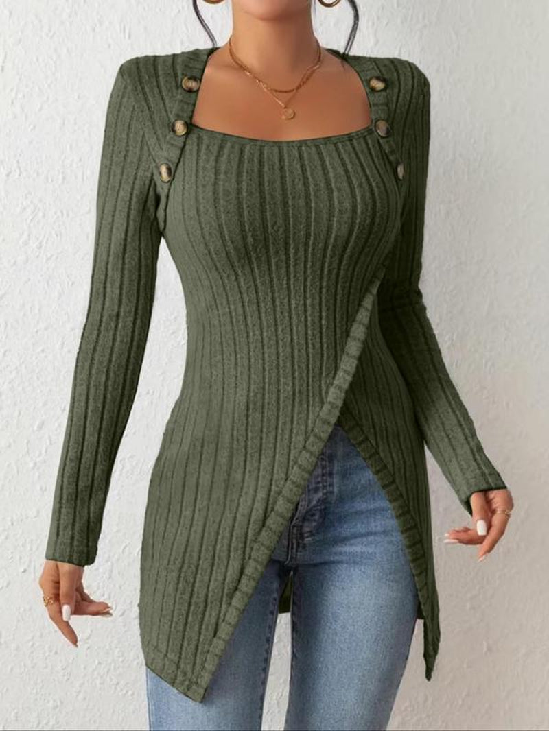 Women's Ribbed Long Sleeve Tee with Asymmetrical Hem and Button Detail for Casual Spring and Fall Wear