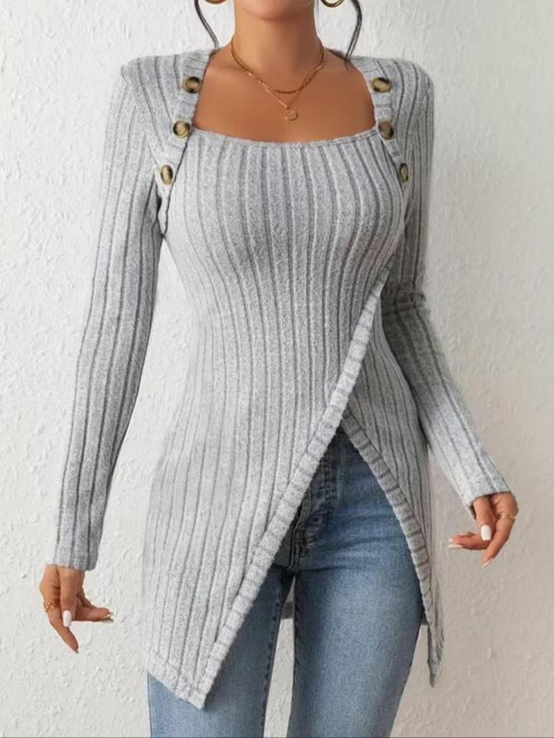 Women's Ribbed Long Sleeve Tee with Asymmetrical Hem and Button Detail for Casual Spring and Fall Wear