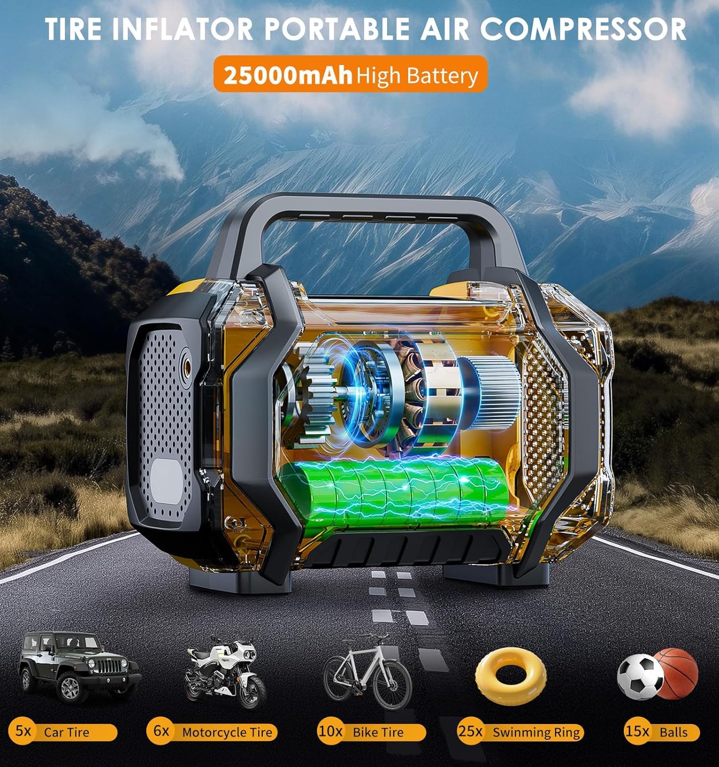 Revolutionary Portable Tire Inflator - Inflate Your Tires 6X Faster with 150PSI Power, Cordless Design, Auto Shut-Off, and Built-in LED Light