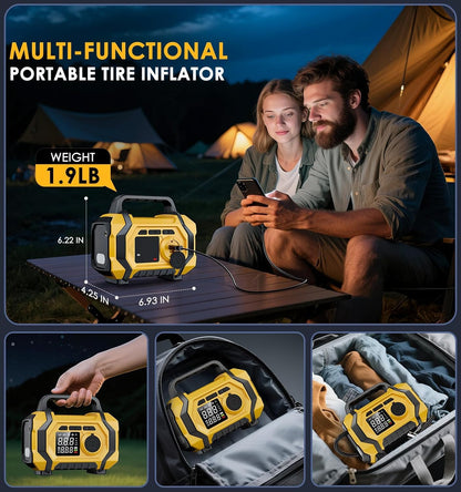 Revolutionary Portable Tire Inflator - Inflate Your Tires 6X Faster with 150PSI Power, Cordless Design, Auto Shut-Off, and Built-in LED Light