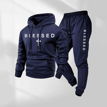 Men's Blessed Cross Letter Pattern Hoodie and Drawstring Sweatpants Set - Casual Athletic Long Sleeve Jacket and Trousers for Fall and Winter, Versatile Sportswear for Daily Wear, Indoor and Outdoor Activities, Tracksuit and Athleisure Collection