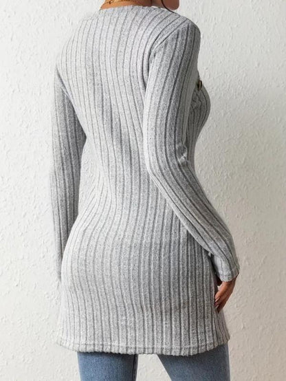 Women's Ribbed Long Sleeve Tee with Asymmetrical Hem and Button Detail for Casual Spring and Fall Wear