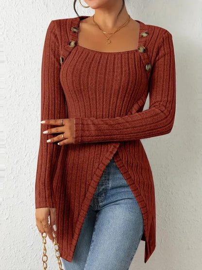 Women's Ribbed Long Sleeve Tee with Asymmetrical Hem and Button Detail for Casual Spring and Fall Wear