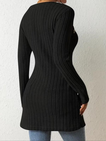 Women's Ribbed Long Sleeve Tee with Asymmetrical Hem and Button Detail for Casual Spring and Fall Wear