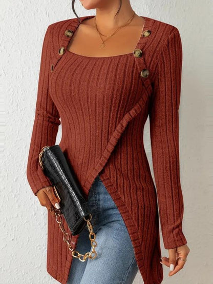 Women's Ribbed Long Sleeve Tee with Asymmetrical Hem and Button Detail for Casual Spring and Fall Wear