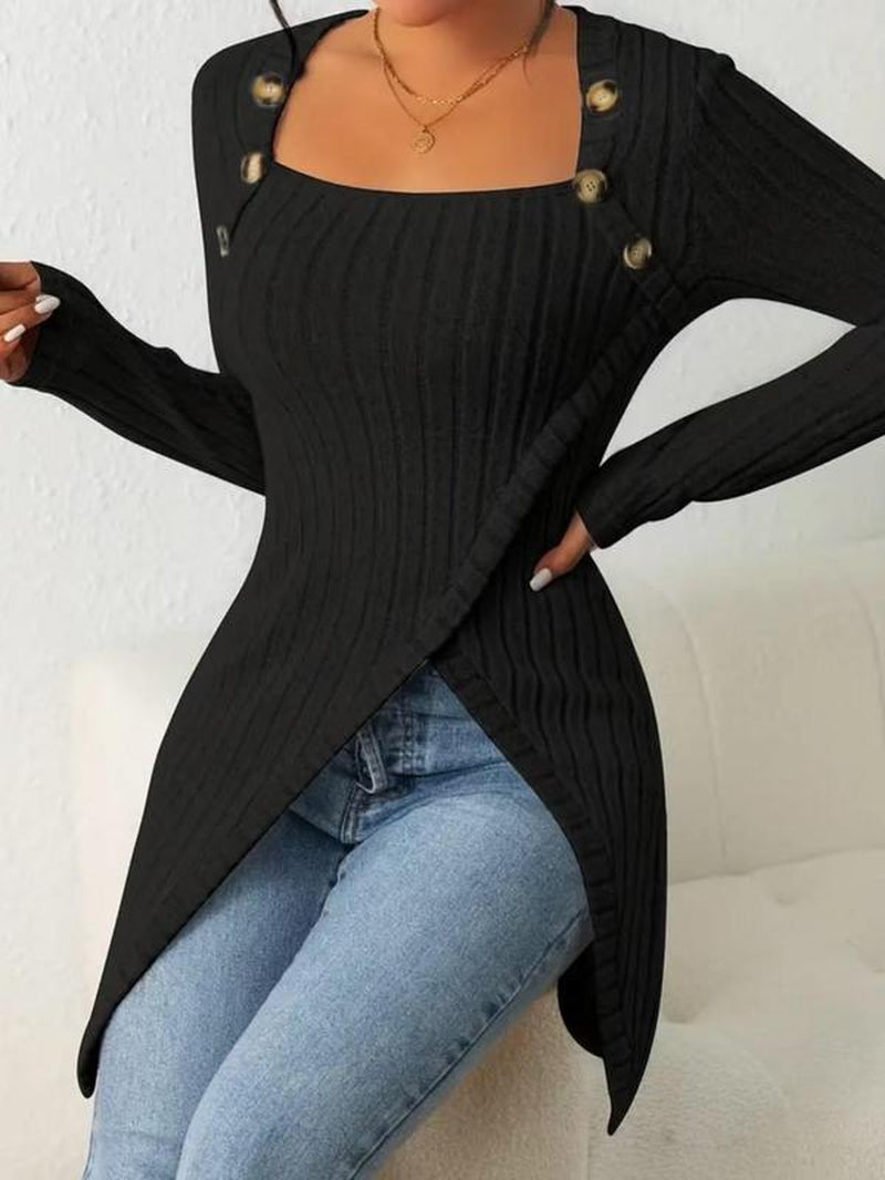 Women's Ribbed Long Sleeve Tee with Asymmetrical Hem and Button Detail for Casual Spring and Fall Wear