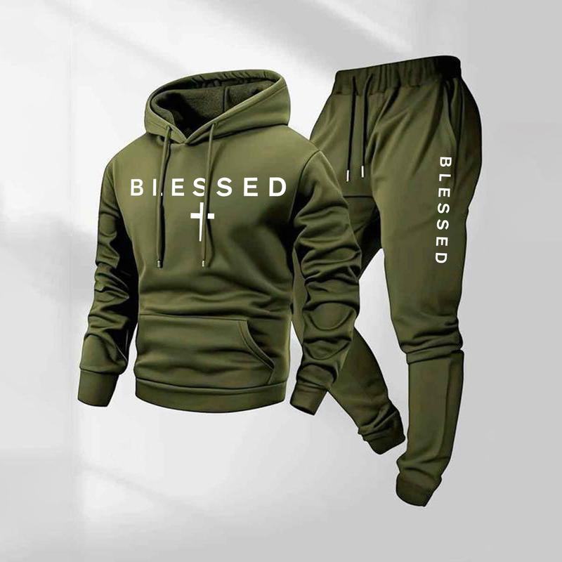 Men's Blessed Cross Letter Pattern Hoodie and Drawstring Sweatpants Set - Casual Athletic Long Sleeve Jacket and Trousers for Fall and Winter, Versatile Sportswear for Daily Wear, Indoor and Outdoor Activities, Tracksuit and Athleisure Collection